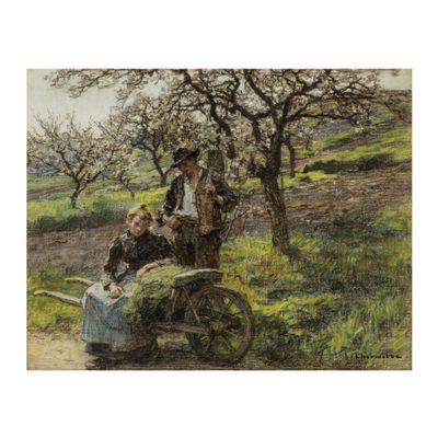 une image représentant un tableau où l'on voit un homme et une femme dans une calèche