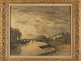 an image of a painting of a river scene with a boat in the foreground