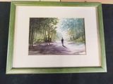 painting of a man walking down a path in the woods