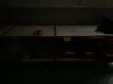 un chat assis sur une table dans le noir