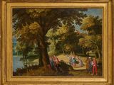 une peinture à l'huile représentant un groupe de personnes dans un cadre boisé