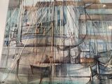 a picture of a painting of a boat in a harbor