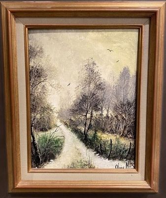 une peinture représentant un chemin de terre dans une zone boisée, avec des arbres