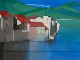 painting of a painting of a boat in a body of water with a mountain in the background
