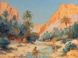 une image représentant un tableau représentant un paysage désertique avec une rivière et des palmiers