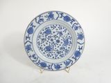 a blue and white plate with a floral design on it