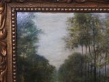 a picture of a painting of a road with trees in the background