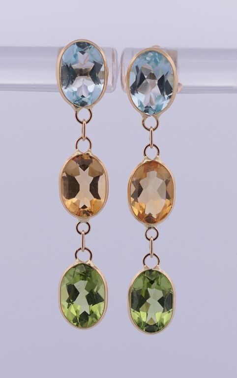 Jolie paire de pendants d'oreilles en or jaune 18K avec topazes, citrines et péridots