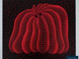 une peinture représentant une citrouille rouge sur fond noir