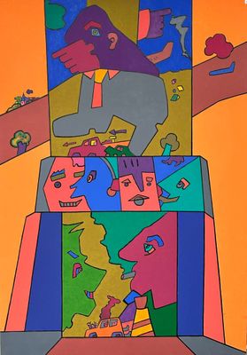 a painting of a man and a woman in a box