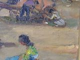 a painting of a woman sitting on the beach