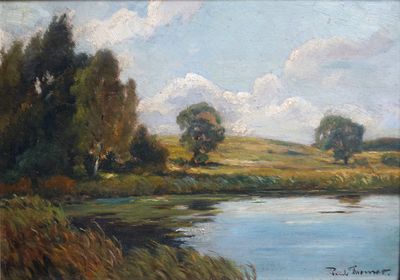 une peinture à l'huile représentant une rivière, avec des arbres et de l'herbe au premier plan