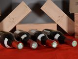 several bottles of wine are lined up on a red table cloth