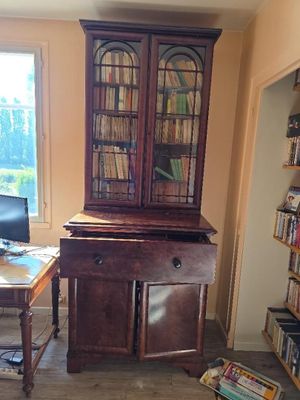 a desk with a computer and a bookcase in the corner