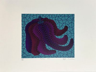 painting of an octopus in purple and blue on a blue background