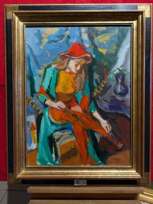 tableau représentant une femme coiffée d'un chapeau rouge, assise sur un banc