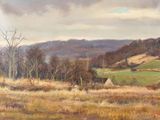 an oil painting of a field with trees and hills in the background