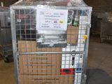 a metal cart with boxes on top of it in a warehouse