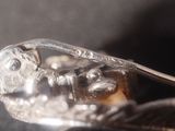 a silver spoon with a fish on it sitting on a table