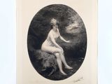 a black and white photo of a naked woman sitting on a rock