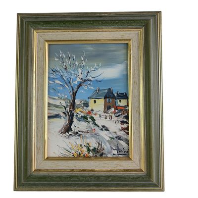 tableau représentant un paysage enneigé avec un arbre au premier plan