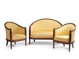 two chairs and a couch are sitting side by side on a white surface