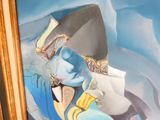 un tableau représentant un homme en costume bleu tenant une trompette