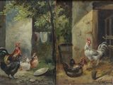 deux tableaux représentant des poules et des coqs dans une grange, avec du linge suspendu à une corde à linge