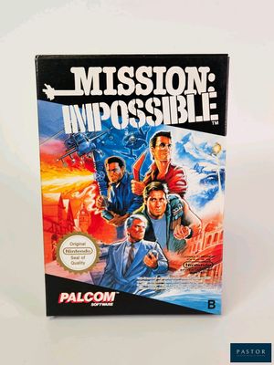La boîte du jeu « Mission Impossible » est représentée sur une surface blanche.