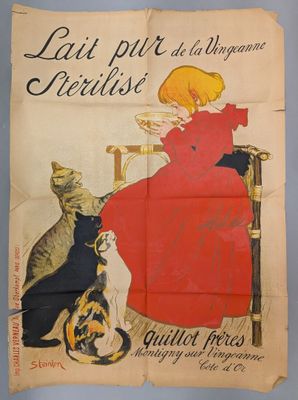 une vieille affiche française représentant une femme assise sur une chaise avec un chat