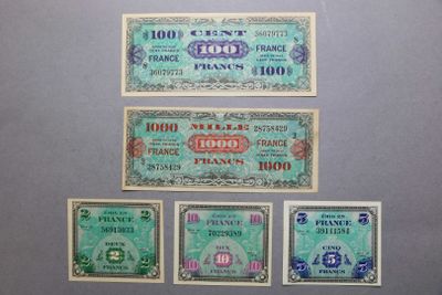 Lot de 5 billets  série de 1944 : 2 Frs ; 5 Frs ; 10 Frs ; 100 Frs ; 1 - Photo 1