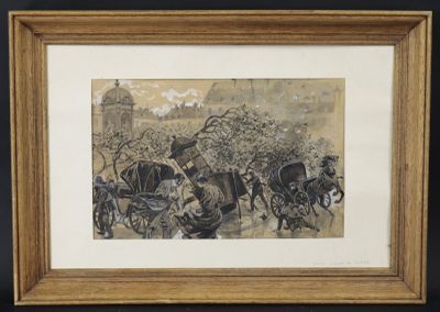 École française début XXe: "Scène de tempête à Paris", encre…