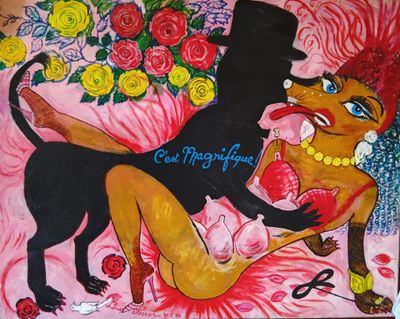 un tableau représentant une femme et un chien sur fond rose