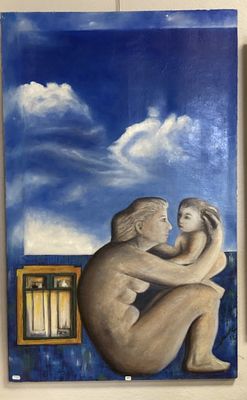 tableau représentant une femme et un enfant assis sur un rebord devant une fenêtre