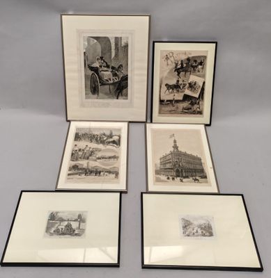 Lot de six GRAVURES en noir et blanc encadrées sur le thème …
