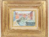 an oil painting of boats in a harbor with buildings in the background