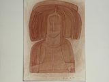 dessin représentant une femme coiffée d'un chapeau, dans un cadre blanc