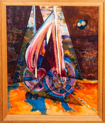 an oil painting of a sailboat and a shell in a wooden frame