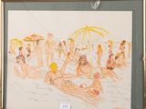 painting of a group of people on a beach with umbrellas