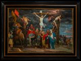 painting of jesus on the cross with other people and horses