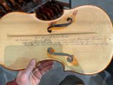 a person holding a violin in their hand with writing on it