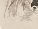 a drawing of a black and white cat sitting on a table