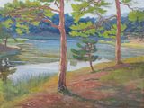 painting of a view of a lake with trees and a body of water in the distance