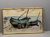 une image d'un tableau représentant un bateau sur la plage