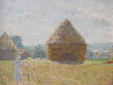 painting of a woman standing in a field with hay stacks