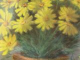 a painting of yellow flowers in a vase on a table