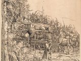 dessin représentant un groupe d'hommes avec des chevaux tirant un chariot