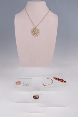 gold plated necklace and earring set on display on a mannequin