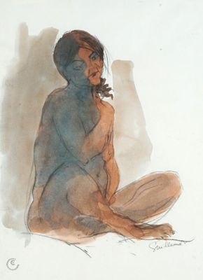 dessin représentant une femme nue assise par terre, les jambes croisées
