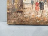 a painting of people walking down the street in the rain